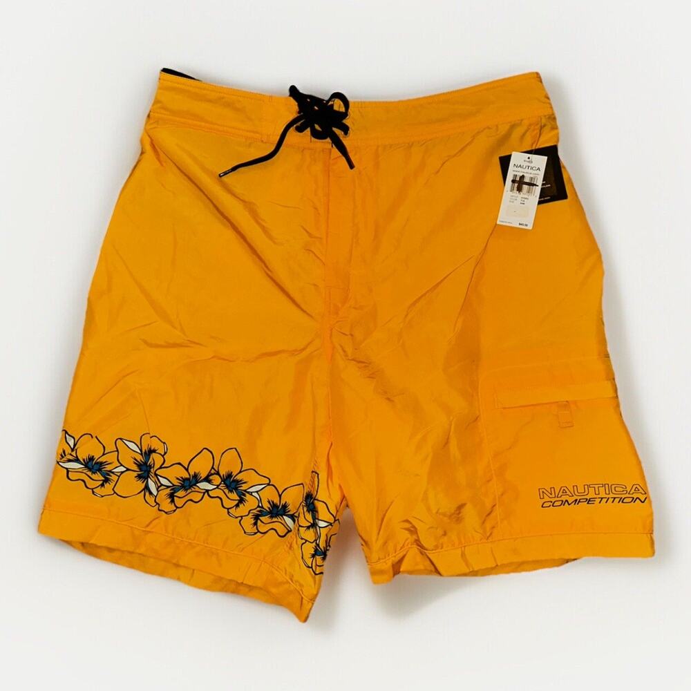 NEW! Nautica Men Yellow Swim Shorts Flower Logo Trunks Drawstring Men's 34